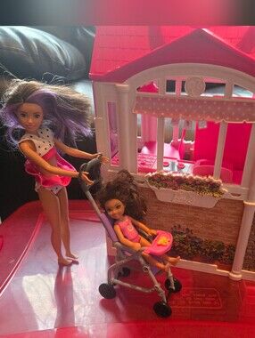 Barbie Pink Dollhouse Playset with Stroller and Dolls